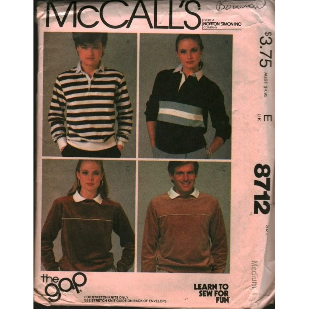 Vintage McCalls 8712 The Gap Unisex Rugby Pullover Sewing Pattern Size Medium